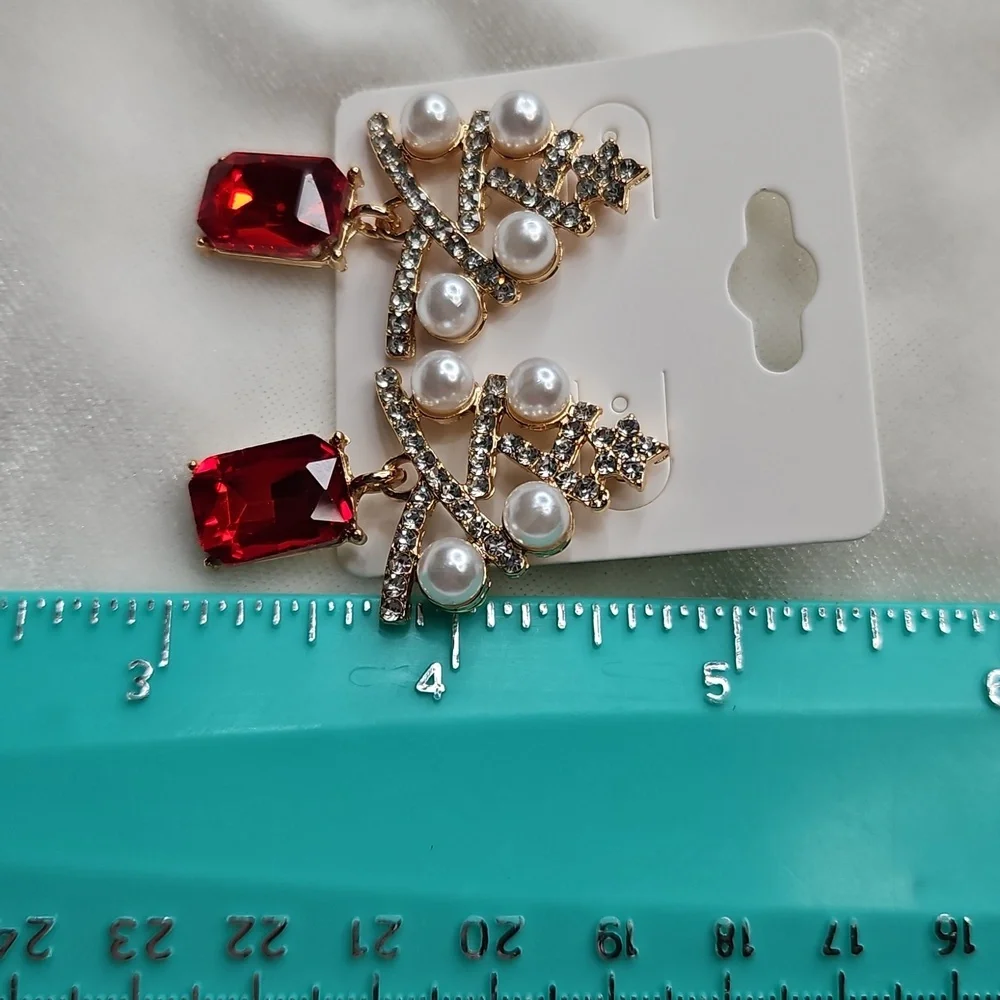 Ladies Christmas Tree Pearls Rhinestone Earrings Red Dangle Fashion Jewelry NEW